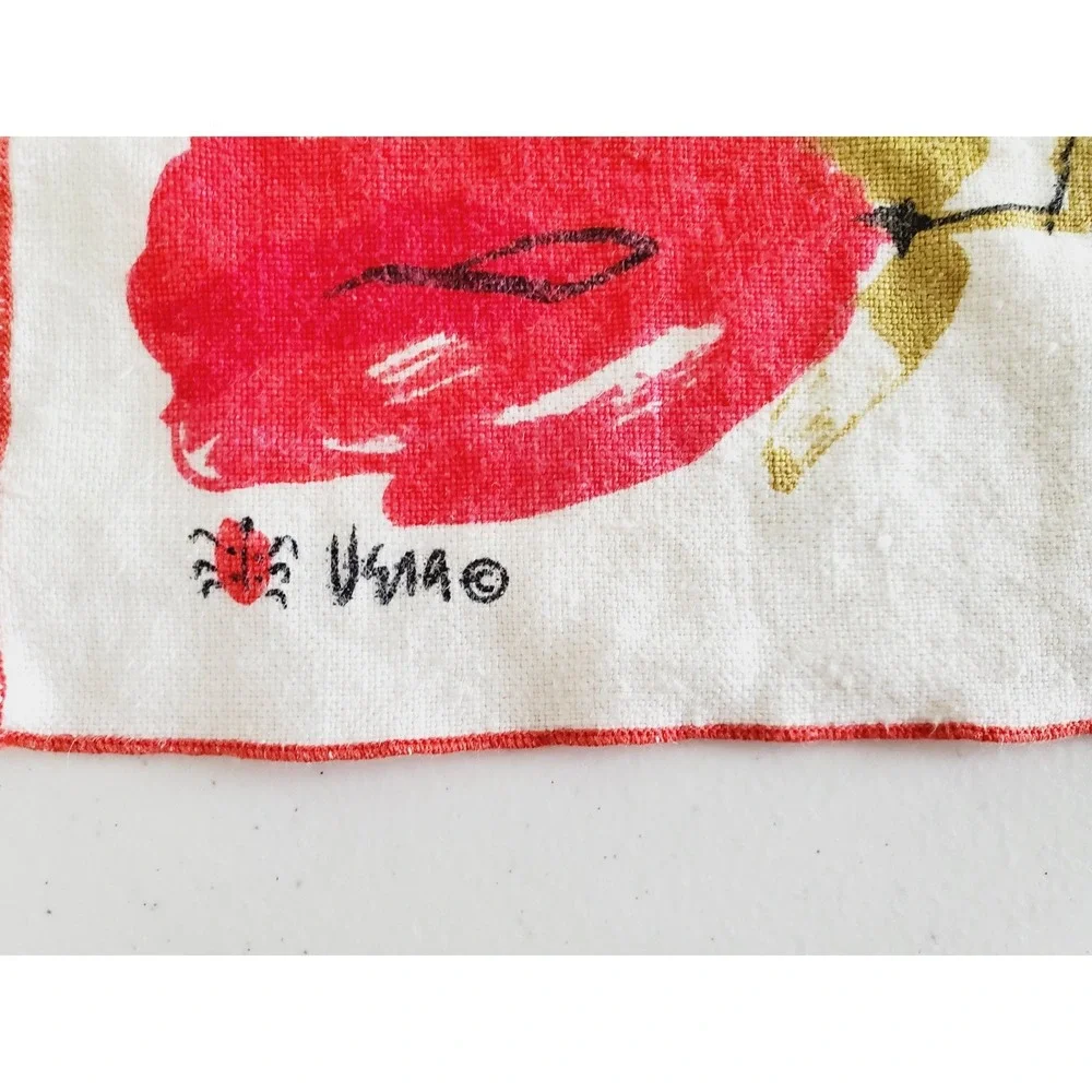 Vera Neumann Vintage‎ Linen Napkins Set 2 Red Teal Blue Rose Floral MCM 70s